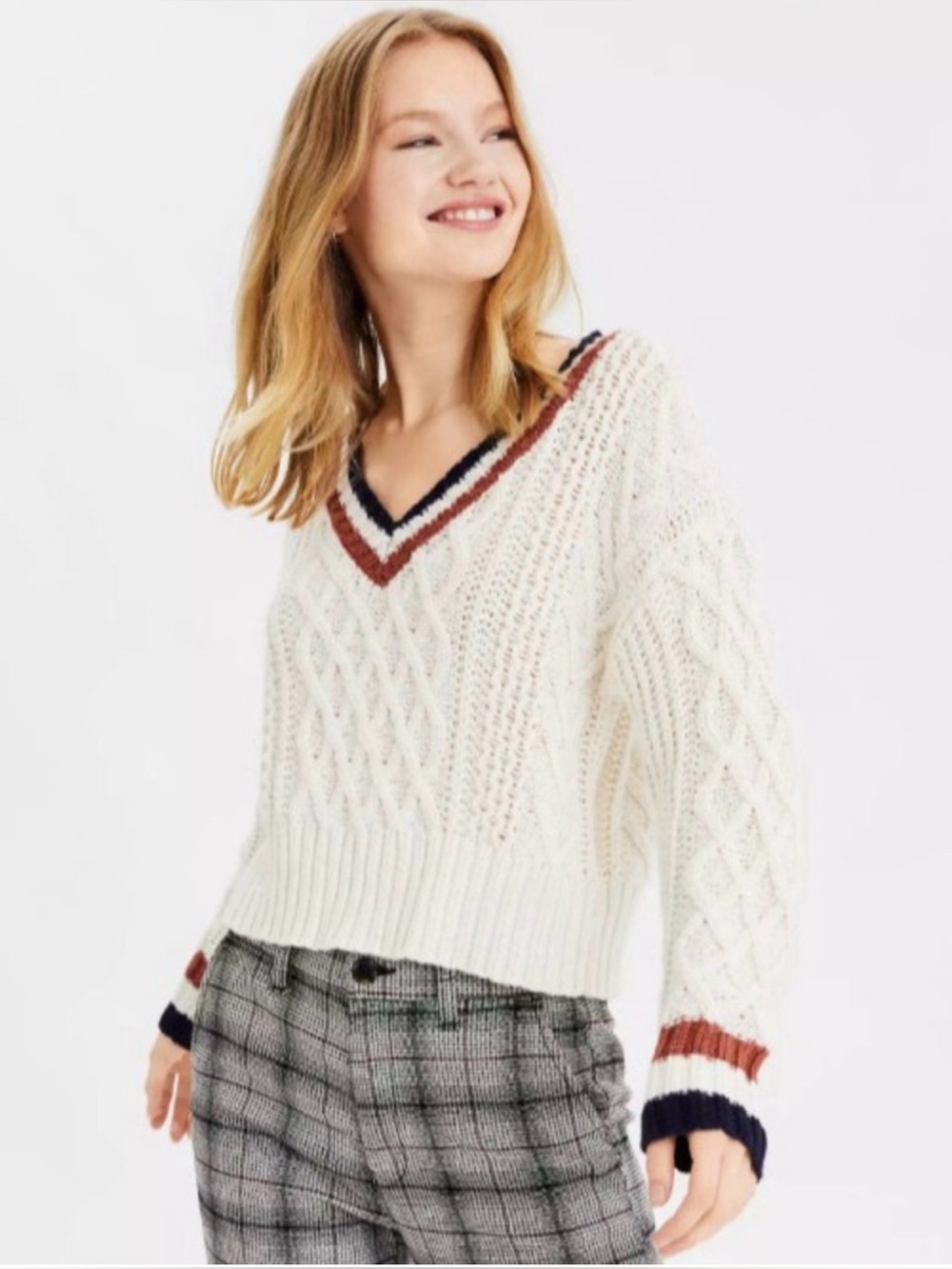 American Eagle Outfitters Cream Cable V-Neck Sweater with Rust & Navy Trim